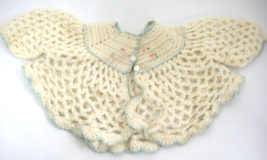 Vintage Infant Crocheted Sweater 2 Buttons Pink Flowers Green Edging Hole - £10.03 GBP