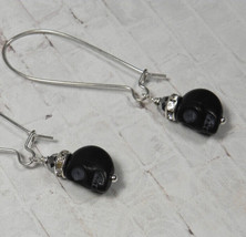 Howlite Skull Crystal Rhinestone Drop Pierced Earrings Handmade Black New - $9.89