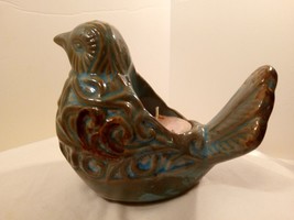 GC Fragrance Glazed Antiqued Teal &amp; Brown Ceramic Bird Votive Candleholder NWOT - £17.13 GBP