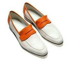 Penny Loafer Slip On Shoes Men&#39;s White Orange Premium Quality Leather Apron Toe  - £109.66 GBP