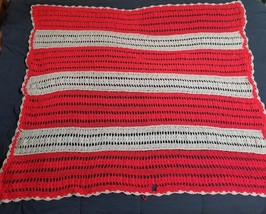 Handmade Afghan Crochet Blanket Red Gray Striped Loose Open Stitching 56x60 - £8.69 GBP