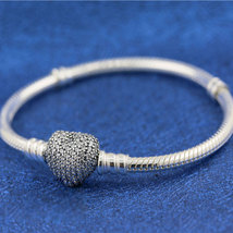 925 Sterling Silver Pave Heart Clasp with Clear CZ Snake Chain Bracelet - £23.44 GBP