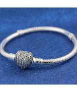 925 Sterling Silver Pave Heart Clasp with Clear CZ Snake Chain Bracelet - £23.88 GBP