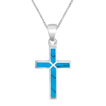 Colorful Cross of Faith Inlaid Blue Turquoise .925 Sterling Silver Necklace - £22.74 GBP