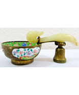 Antique Chinese Enamel Brass Cloisonne Cup with Celadon Jade Belt Hook H... - $1,080.11 CAD