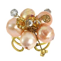 Peach Pearl Crystal Flower Adjustable Handmade Ring - £9.37 GBP