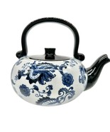 Pier 1 Vintage Handpainted Porcelain Tea Pot Black Blue White Floral Design - £25.83 GBP