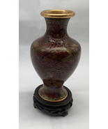 Floral Chinese Cloisonne Brown Vase w/wood Stand Brass Accents - $36.00