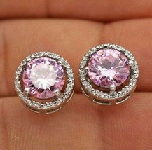 2.5Ct Round Cut Simulated Pink Sapphire Halo Stud Earrings925 Silver Gold Plated - £63.73 GBP