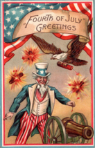 Uncle Sam Cannon Eagle Firecracker 4th Of July Patriotic Postcard - £15.45 GBP