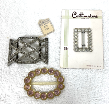 3 Vintage Scarf Belt Buckles Crystal Pink Rhinestones Costumakers Card Tag - $22.28