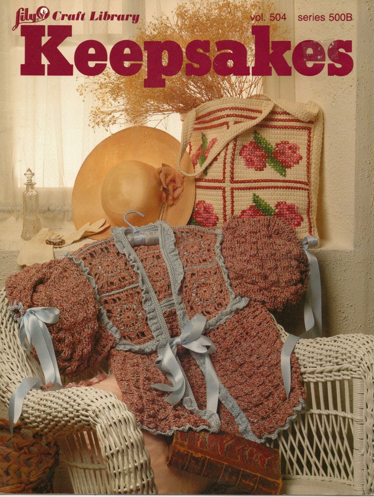 Vtg Crochet Keepsakes Victorian Bed Jacket Cross Stitch Tote Bag Basket Pattern - $12.99