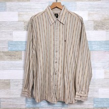 AIGLE Embroidered Striped Button Front Shirt Beige Brown Lightweight Mens Large - $29.69