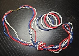 Vintage 50-60s Triple Strand Red White Blue Plastic Necklace Bracelets Patriotic - £20.80 GBP