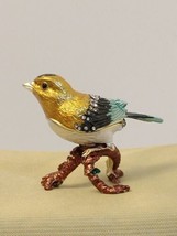 Beautiful Trinket Box Sparrow Bird Gold Blue &amp;Green wRhinestones Sitting On A... - £17.85 GBP