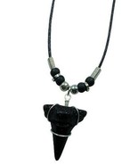 12 BLACK SHARK TOOTH PENDANT ROPE NECKLACE w silver beads 18 IN mens wom... - $32.48 CAD