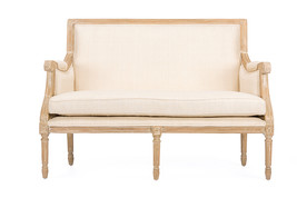 William Wood &amp; Light Beige Linen Loveseat w/Mindi Wood Frame - $830.00