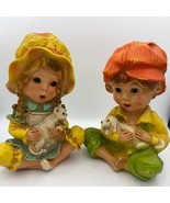 Homco 1974 Boy &amp; Girl Figurines Holding Pets Retro Chalkware Decor Set 10” - $655.95 MXN