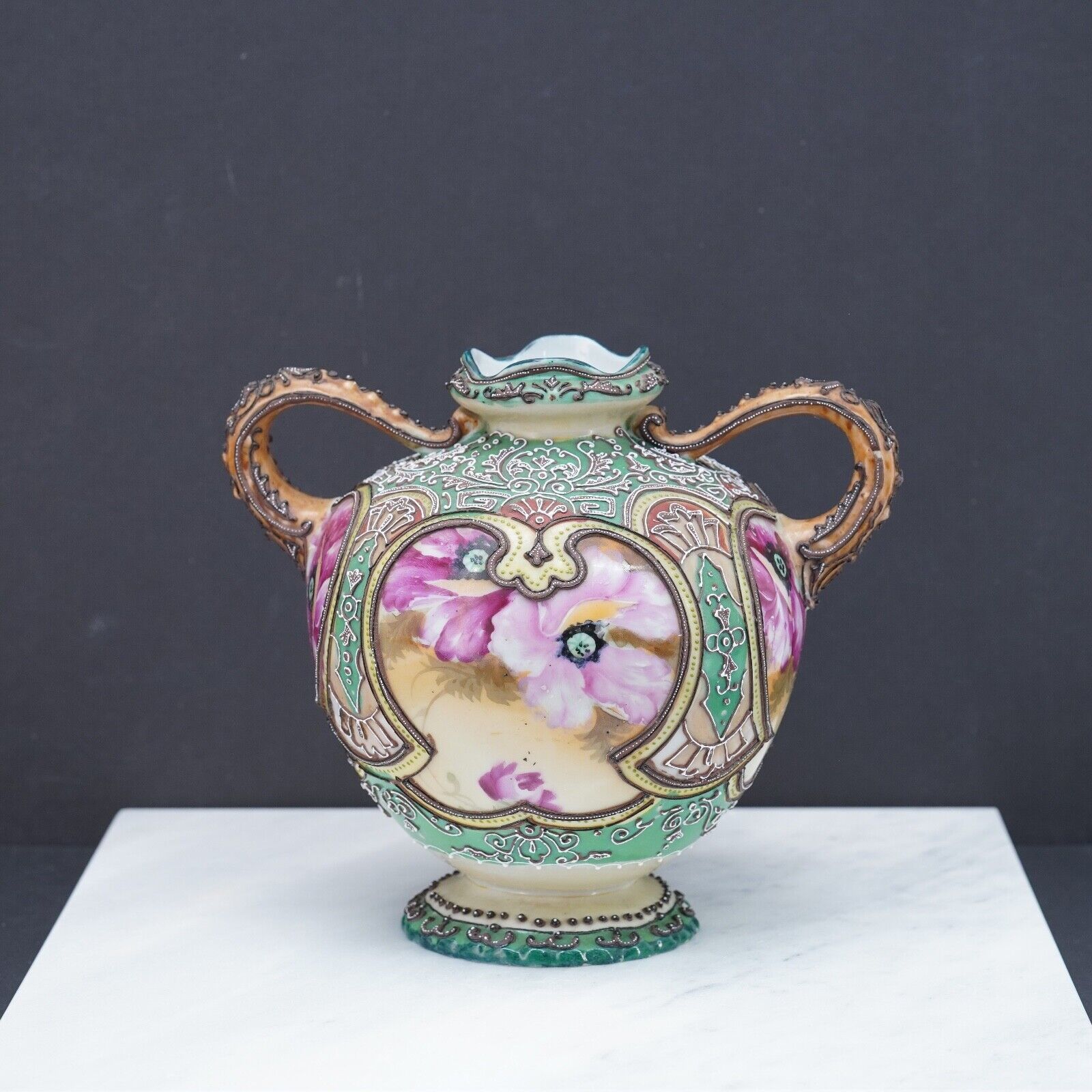 Primary image for Pre-Nippon Moriage Vase with Stunning Bone China Hand Painted Roses c1880 Japan