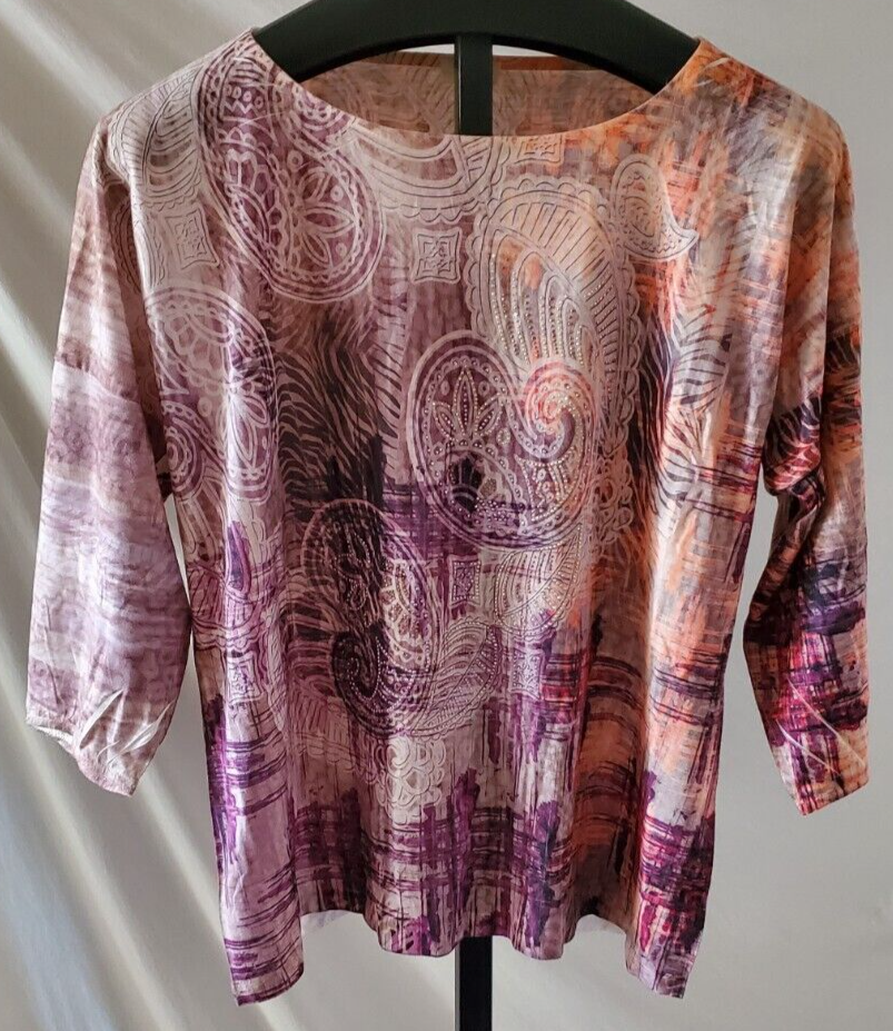 Chico&#39;s Orange &amp; Brown Paisley Print with Beads Blouse T Shirt Size 2/Me... - $13.85