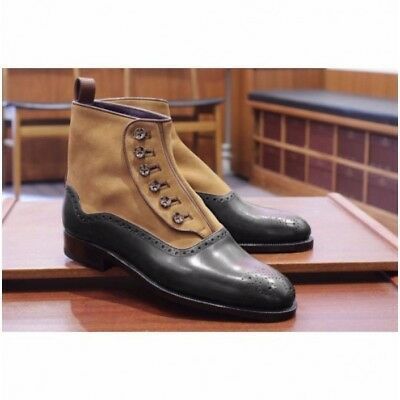 NEW Handmade Brown Black Ankle High Button boot, Men's Leather Suede Fashion boo
