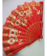 Gold &amp; Red Large Lace Floral Folding Hand Held Plastic Chinese Fan - $6.43