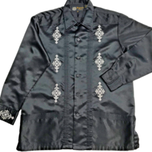 Dragonfly Mens Vintage Guayabera Black White Silky Long Sleeve Embroidery size M - $19.25