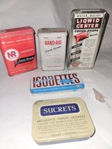 Lot BAND-AID Cloth strips Usodettes, Sucrets, NR TIN CAN, J &amp; J , Cough Drop Tin - £19.75 GBP