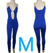 Sexy Royal Blue Low Cut Gold Chain Strap Stretchy Jumpsuit~Size M - £31.16 GBP