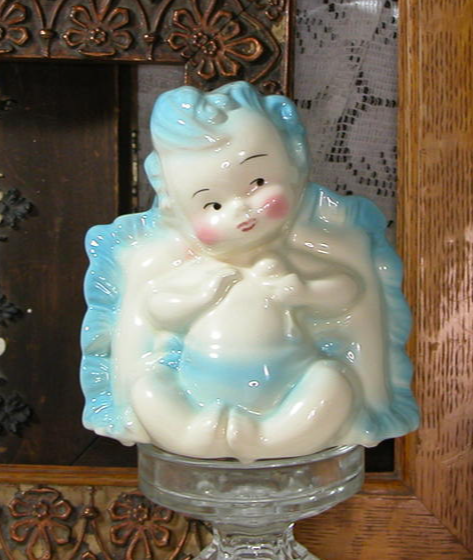 1950's Hull Pottery, Ceramic Baby Planter, Vase, Baby Boy, Blue & White - $18.00