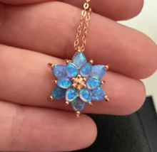 Blue Fire Opal Necklace Lotus Flower Opal 925 Rose Gold Necklace Opal Pendant - £94.94 GBP