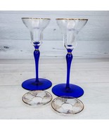 Christian Dior Crystal Azure Royal Blue Gold Candlestick Set 2 w/ Wax Dr... - $193.99