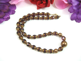 Purple &amp; Goldtone Glass Beaded Necklace Vintage Grape Faceted Painted Beads 16&quot; - £23.17 GBP