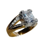 Gold Tone Princess Cut &amp; Round Cubic Zirconia Cocktail Ring Size 8 - £18.16 GBP