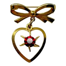 Vtg Bow Brooch Lapel Pin Red Stone Gold Tone Dangly Open Heart Charm Scatter Pin - £7.04 GBP