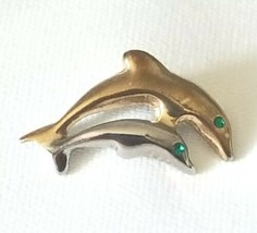 VTG Two Dolphines Green Rhiestone Gold/Silver Tone Sea Animal Nautical Lapel Pin - £7.46 GBP