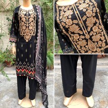 Pakistani Black Printed Straight Shirt 3-PCS Lawn Suit w/ Threadwork ,M - $56.43