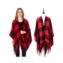 Buffalo Print Plaid Poncho Flannel Oversized 51&quot; x 63&quot; Red &amp; Black Wrap ... - £18.54 GBP