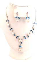 Stunning Necklace &amp; Earring Set Imitation Pearl Silver Tone &amp; Blue Crystal Boxed - £15.16 GBP