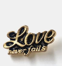 VTG Love Never Fails Black Gold Tone Enamel Lapel Pin Tie Tack Religious - £10.45 GBP