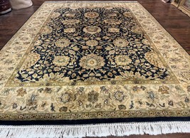 Indo Per&#39;sian Rug 9x12, Handmade Vintage Wool Floral Carpet, Navy Blue Beige - £2,359.06 GBP