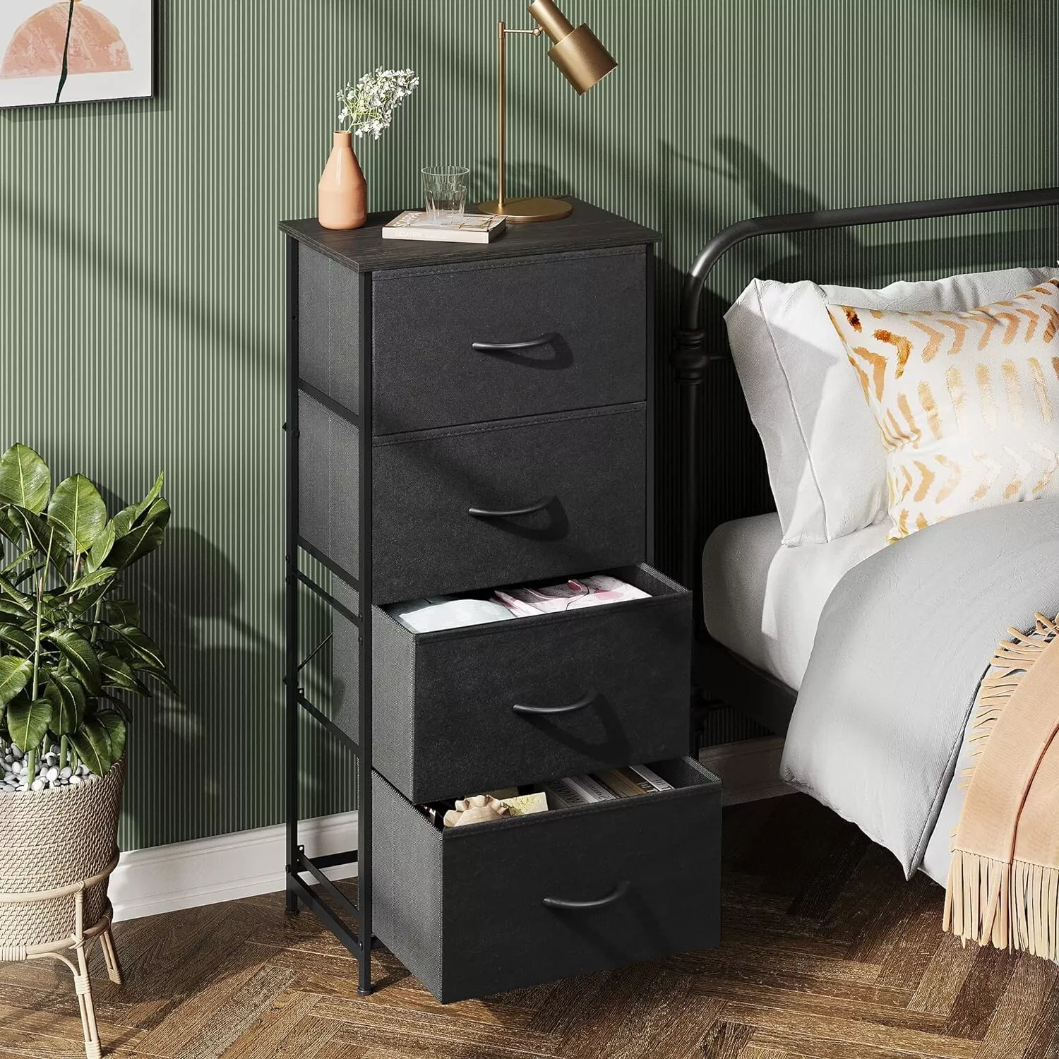 Black Living Room End Table Shelf with 4 Drawer Storage for Sofa Side - $45.99