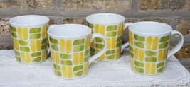 4 Crate &amp; Barrel Green Yellow Brush Paint Strokes 16 oz Large Coffee Mugs Cups - £31.31 GBP