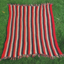 Vtg Hand Knit Crochet Red White Blue Stripe Afghan Sofa Throw Yarn Blanket 76x60 - £13.33 GBP