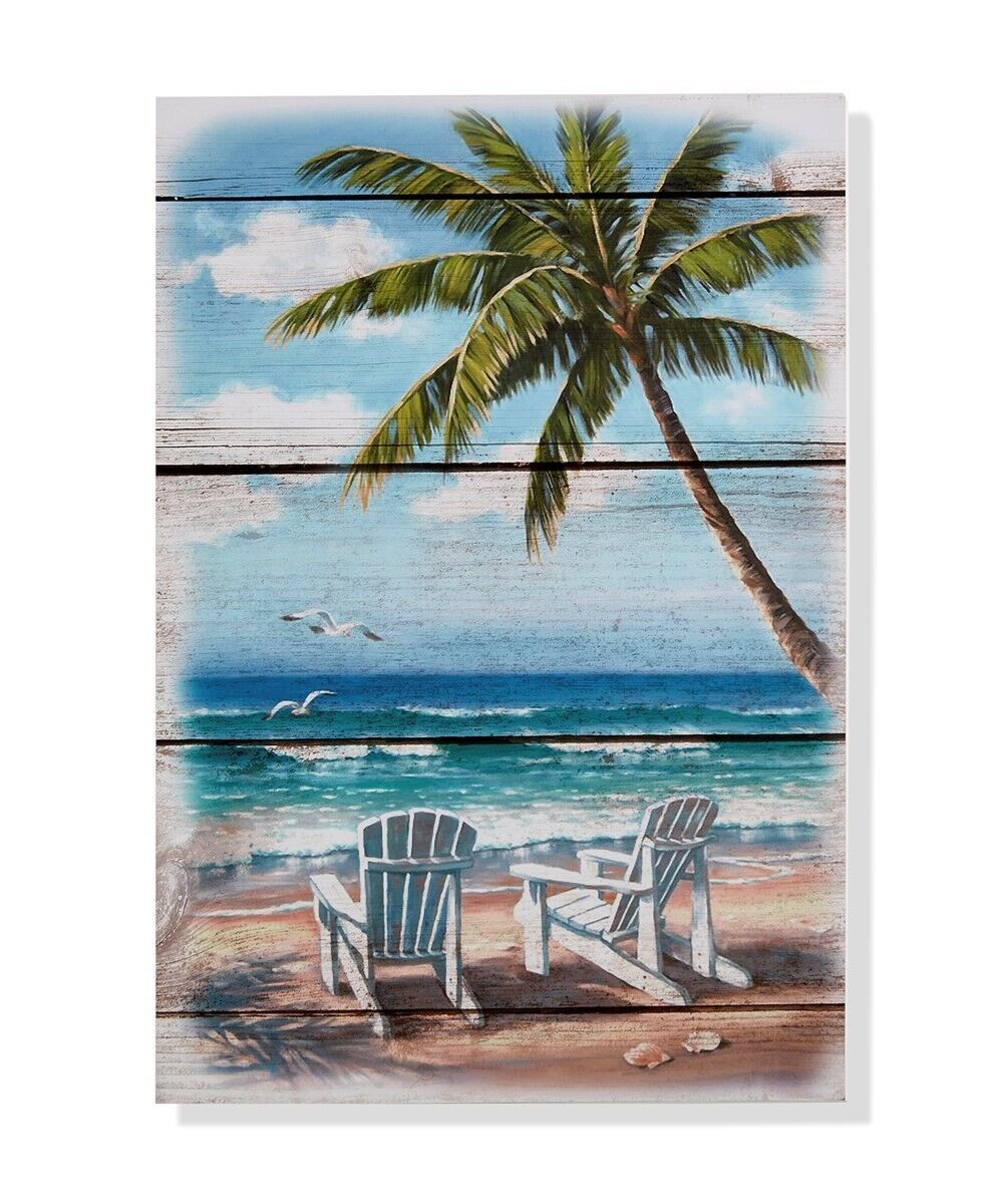 Primary image for Blue Tropical Wall Plaque Beach Panorama MDF 19" high Palm Trees and Chairs