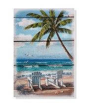 Blue Tropical Wall Plaque Beach Panorama MDF 19&quot; high Palm Trees and Chairs - £19.41 GBP