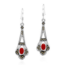 Ornate Marcasite &amp; Oval Red Coral Inlay Sterling Silver Dangle Earrings - £17.72 GBP