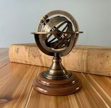 Antique Vintage Zodiac Armillary Brass Sphere Globe Wooden Base Table De... - £40.57 GBP