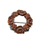 Vintage 1930s Carved Bakelite Floral Wreath Brooch Brown &amp; Blue Pin - $75.88 CAD