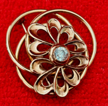 Symmetalic Sterling 14K Gold Fill &amp; Aqua Blue Stone Brooch Pin / Vintage Jewelry - £130.57 GBP